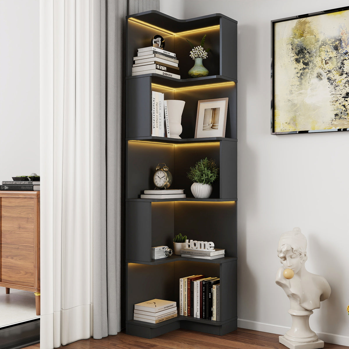 Black Curved-Edge Corner Bookcase