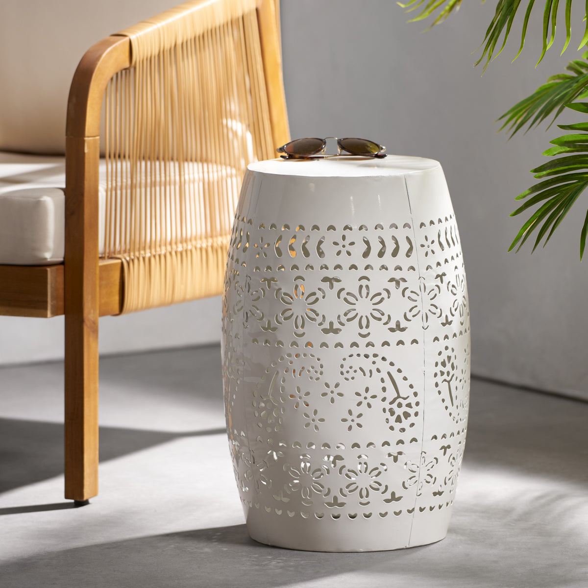 White Lace-Cut Barrel Side Table