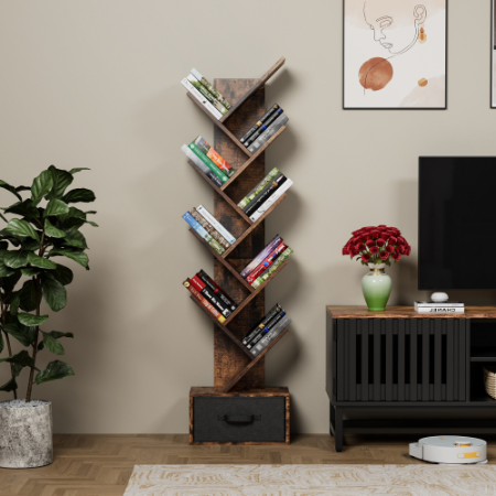 Rustic-Brown Tree Bookshelf with Drawer