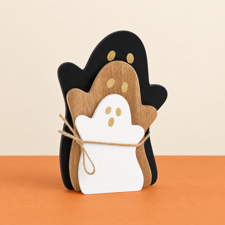 Nested Wooden Ghost Decoration Set