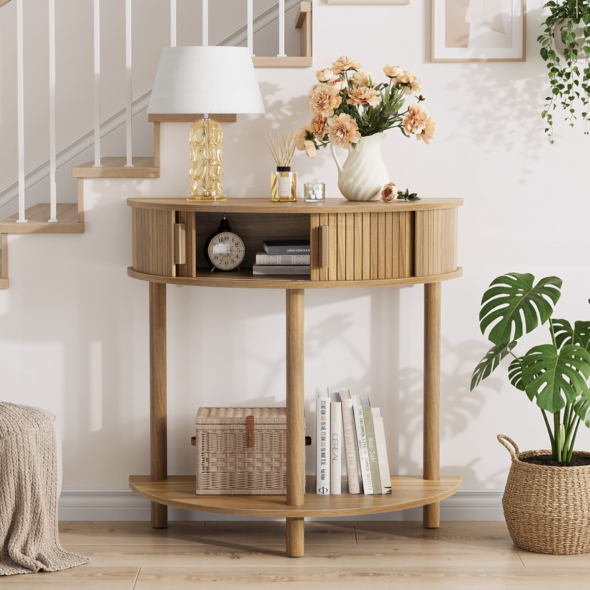 Walnut Grooved Half-Moon Console