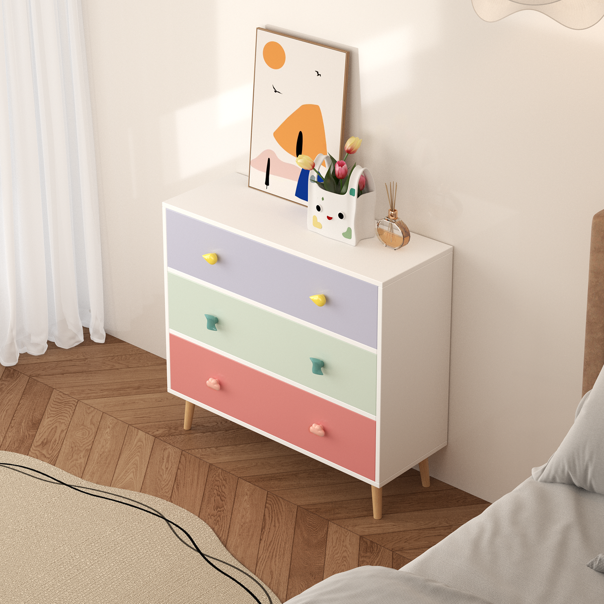 Pastel Cartoon-Pull Three-Drawer Dresser