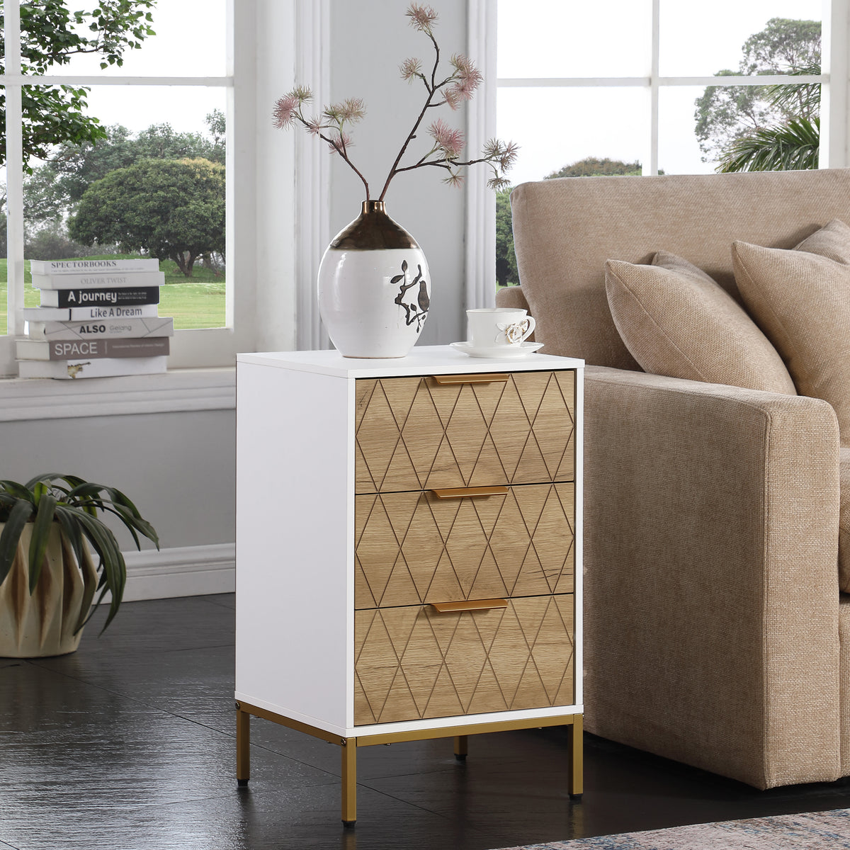 Diamond-Cut Three-Drawer Nightstand