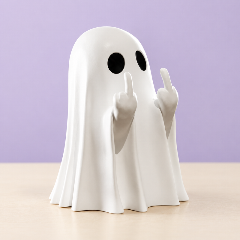 White ghost ornament with two black eyes and raised hands making a cheeky gesture